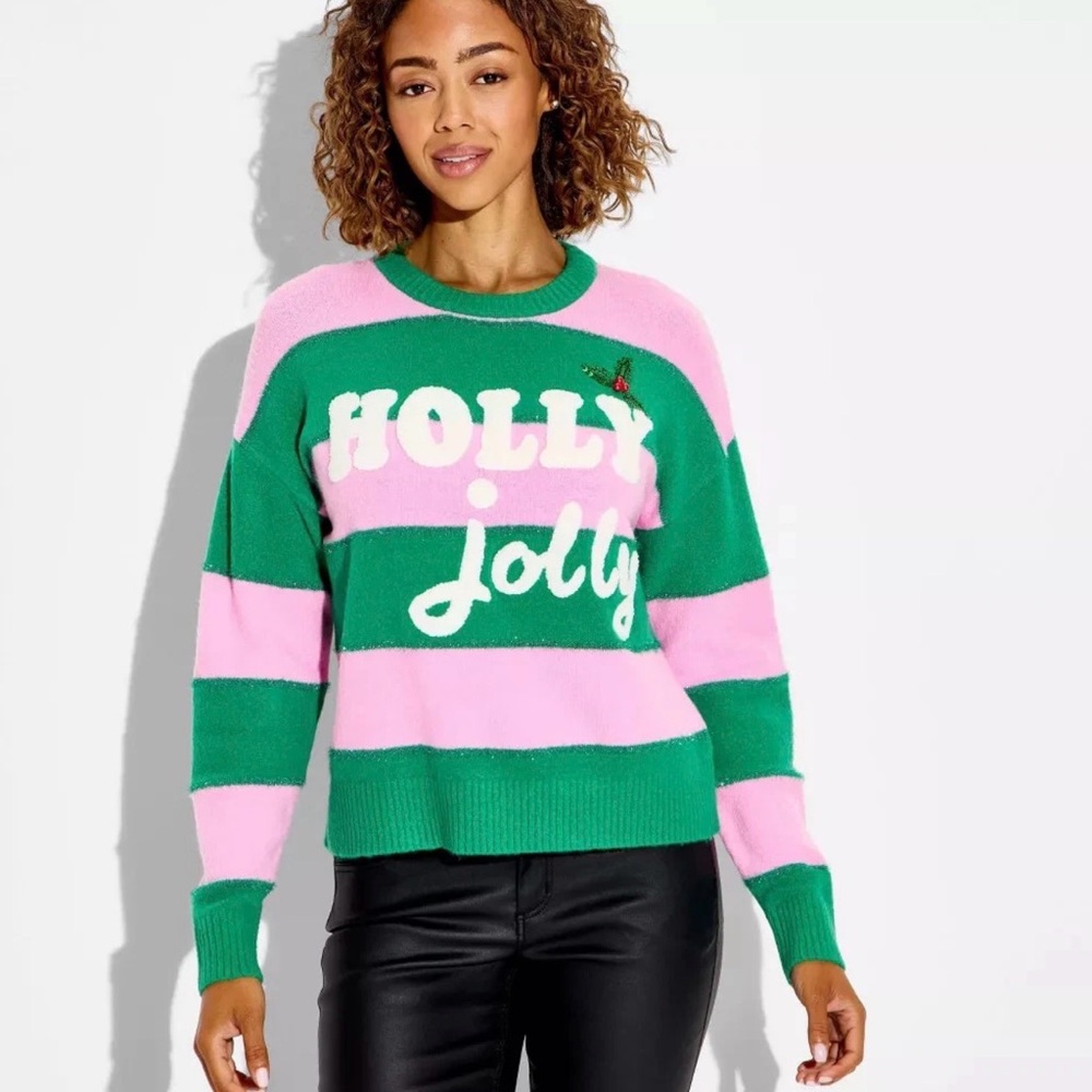 Size XL Christmas Holly Jolly Green and Pink Striped Sweater From 33 Degrees